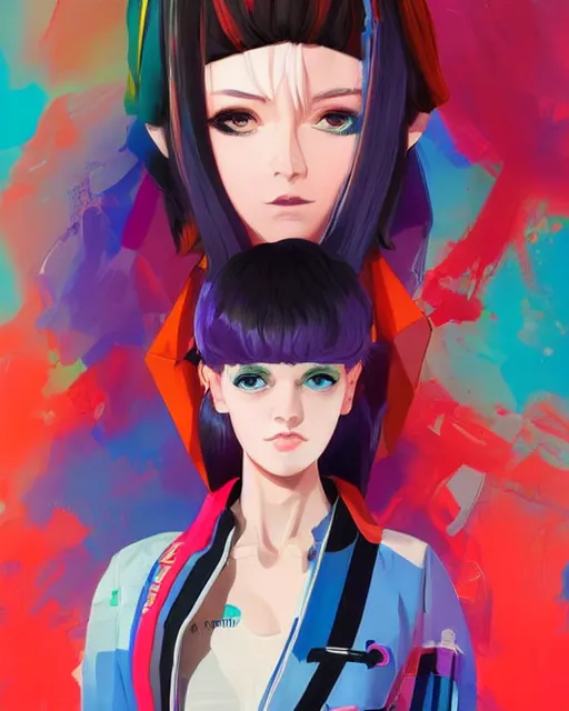 Image similar to poster woman with futuristic streetwear and hairstyle, colourful, cute face, dynamic portrait, intricate eyes,, beautiful, elegant, Anime by Kuvshinov Ilya, Cushart Krentz and Gilleard James, 4k, HDR, Trending on artstation, Behance, Pinterest, award winning