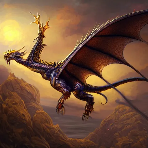 Image similar to golden wyvern with jeweled eyes, flying through sunset, art, fantasy, intricate, elegant, highly detailed, digital painting, trending on artstation, concept art, smooth, sharp focus, hyperrealistic, illustration, art by Loish and WLOP