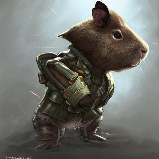 Image similar to cute little anthropomorphic Guinea Pig wearing Metal Gear outfit, ultra wide lens shot , tiny, small, short, cute and adorable, pretty, beautiful, DnD character art portrait, matte fantasy painting, DeviantArt Artstation, by Jason Felix by Steve Argyle by Tyler Jacobson by Peter Mohrbacher, cinematic lighting