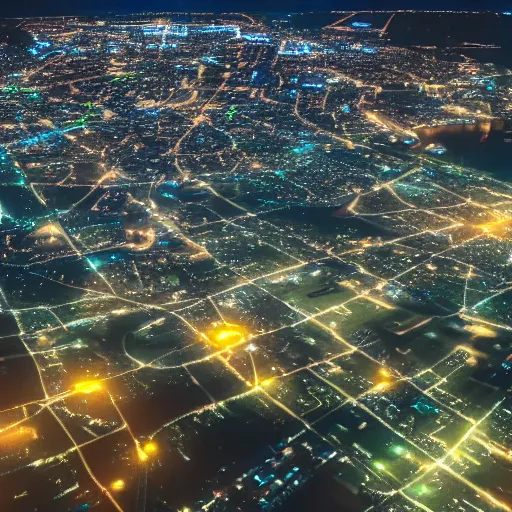 Prompt: an aerial view of a city at night with niantic ingress style portals and fields everywhere