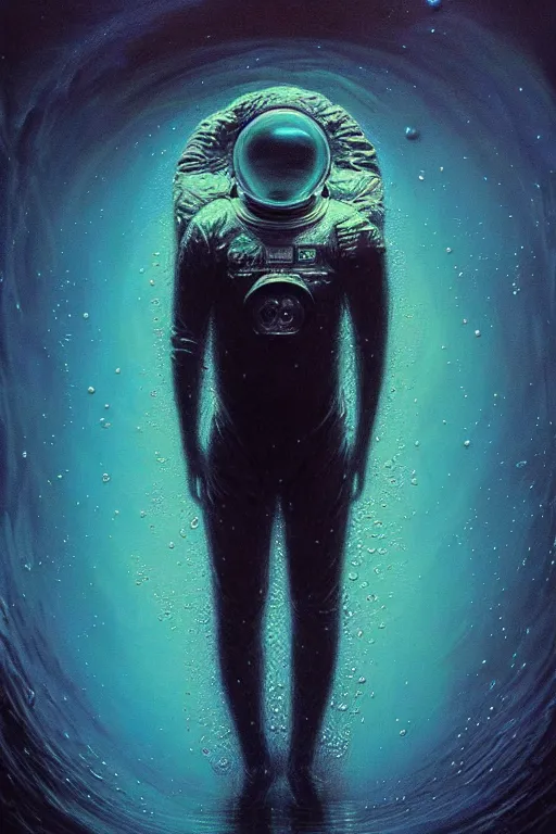 Image similar to close up shot of a full body floating astronaut portrait water elemental fading into water, high contrast, james gurney, peter mohrbacher, mike mignola, black paper, mandelbulb fractal, trending on artstation, exquisite detail perfect, large brush strokes, bold colors, intricate ink illustration, black background