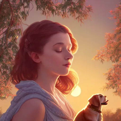 Image similar to young woman and a dog in a tree looking at the sun set, intricate, highly detailed, digital painting, artstation, concept art, smooth, sharp focus, illustration, Unreal Engine 5, 8K, art by artgerm and greg rutkowski and alphonse mucha