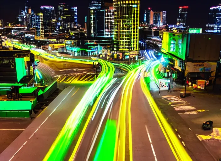 Image similar to a film still of a tonka truck driving in forward direction through a neon green city at night, cinematic