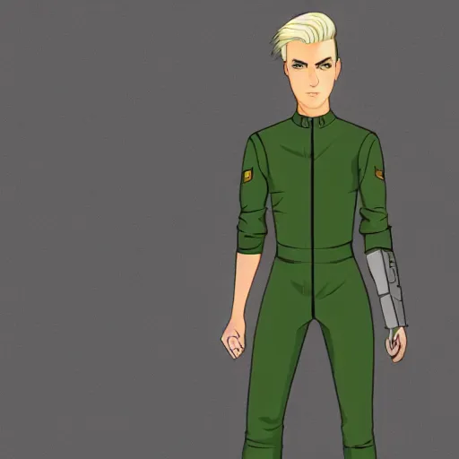 Image similar to character concept art of heroic stoic emotionless butch blond handsome woman engineer with very short slicked - back butch hair, narrow eyes, wearing atompunk jumpsuit, retrofuture, science fiction, mike mignogna, digital art