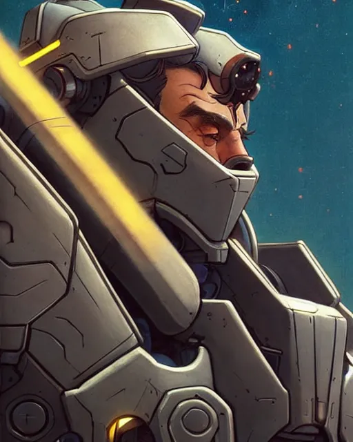 Image similar to reinhardt from overwatch, character portrait, portrait, close up, concept art, intricate details, highly detailed, vintage sci - fi poster, retro future, in the style of chris foss, rodger dean, moebius, michael whelan, and gustave dore