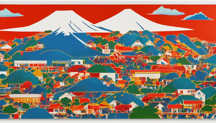 Prompt: award winning graphic design poster, cutouts constructing an contemporary art depicting mount fuji, rural splendor, and bullet train, isolated on white, mixed media painting by alex yanes, neo-classical painting