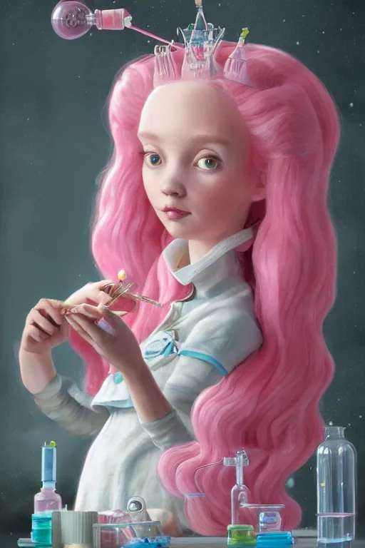 Prompt: highly detailed, profile portrait of princess bubblegum experimenting in her lab, wearing lab coat and tiara, bubblegum hair, depth of field, illustration concept art by nicoletta ceccoli, mark ryden, lostfish, detailed and intricate environment, 8 k resolution, hyperrealistic, octane render