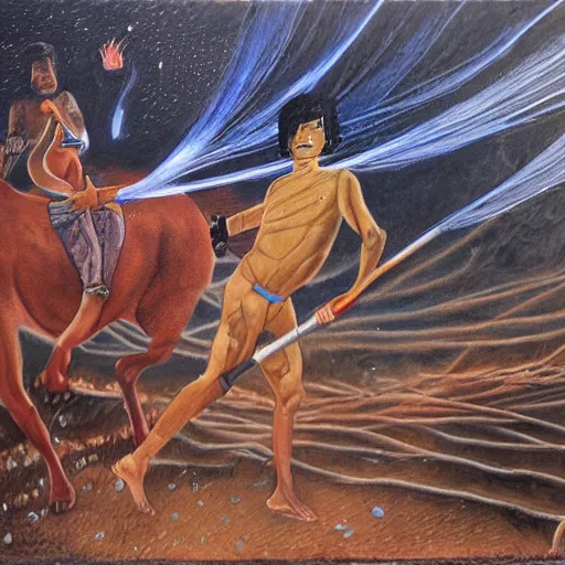 Prompt: portrait of head and body, single bangla farmer fighting on hoseback, hand to hand combat with machete, wielding machete, full body view, long flowing hair, fighting for his life, nebula aura surrounding subject, horseback combat attacker foreground, background of invading army, nestor canavarro hyperrealist art style, sharp outlines