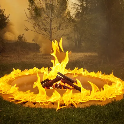 Image similar to a gathering of yellow raincoat wearing kitten magicians summon a fire goddess from the depths of a raging fire pit, flames are emerging from fissures in the ground.