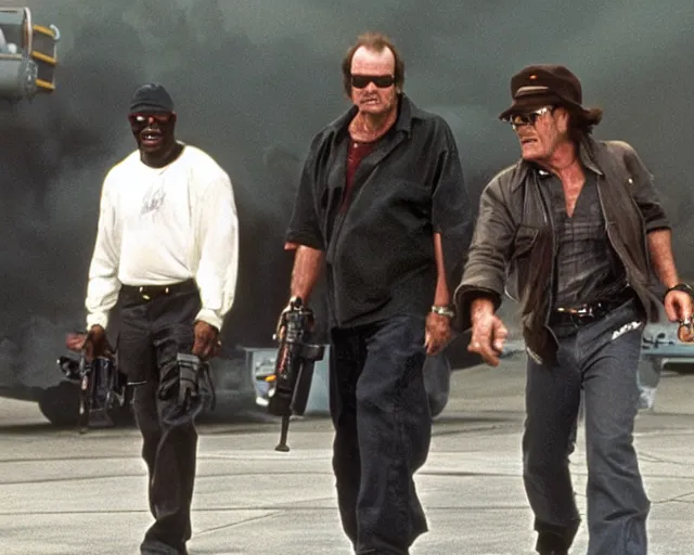 Image similar to Jack Nicholson and Samuel L. Jackson are Terminators action scene