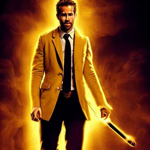 Image similar to a portrait of a Ryan Reynold as a John constantine, DC, yellow aura, magic, fantasy, HDR, natural light, shoulder level shot, dynamic pose, demons, award winning photograph, Mucha style 4k,