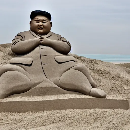 Image similar to a sand sculpture of kim jong un on the beach