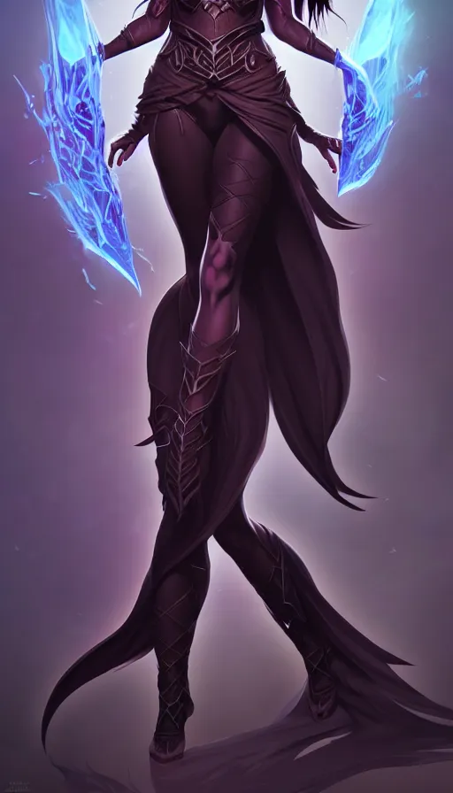 Image similar to dark sorceress full body view, highly detailed, artgerm style, artstation, soft light, sharp focus, illustration, character design, concept art, correct anatomy