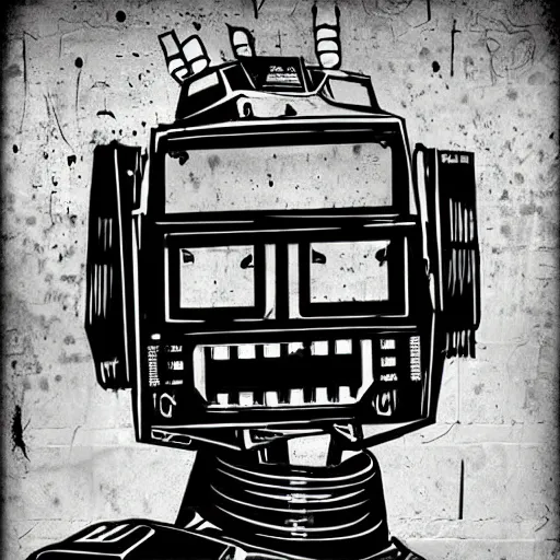 Image similar to chappie robot color graffiti, black and white zef design graffiti covering the wall behind, dark lighting, digital art