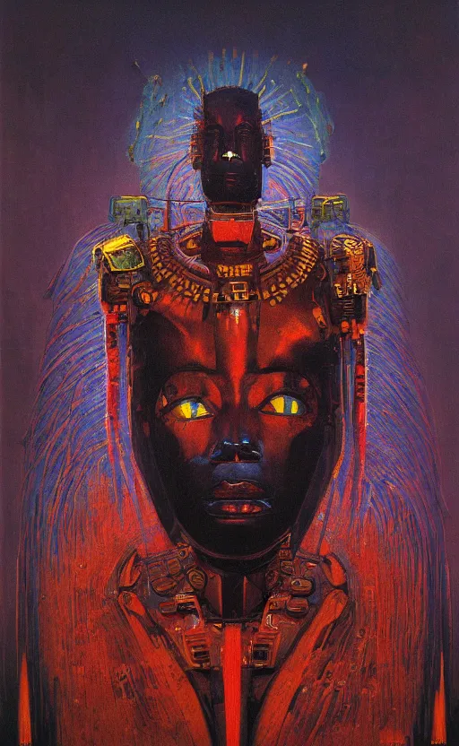 Image similar to portrait of mecha african tribal chief, symmetrical, dramatic lighting, colourful, god, art by zdzislaw beksinski,