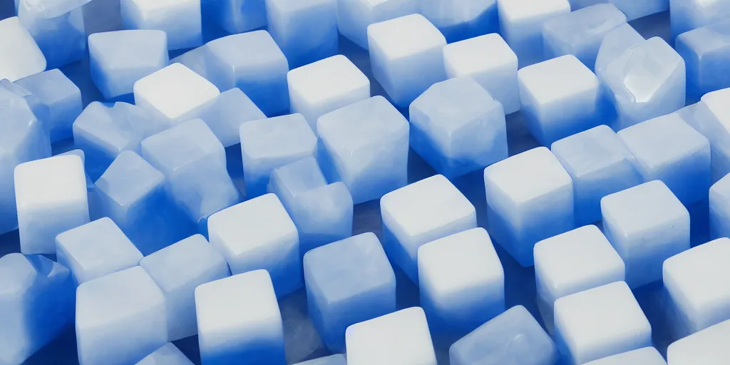 Image similar to floating blue and white plastic cubes against a grey background, octane render, beautiful, 4 k, hdr lighting, glossy, depth of field, ultrawide