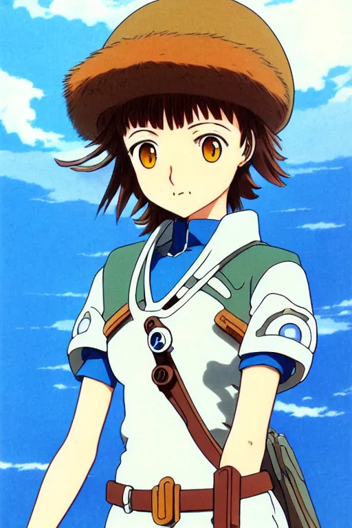 Image similar to anime art full body portrait character nausicaa by hayao miyazaki concept art, anime key visual of elegant young female, short brown hair and large eyes, finely detailed perfect face delicate features directed gaze, sunset in a valley, trending on pixiv fanbox, studio ghibli, extremely high quality artwork by kushart krenz cute sparkling eyes