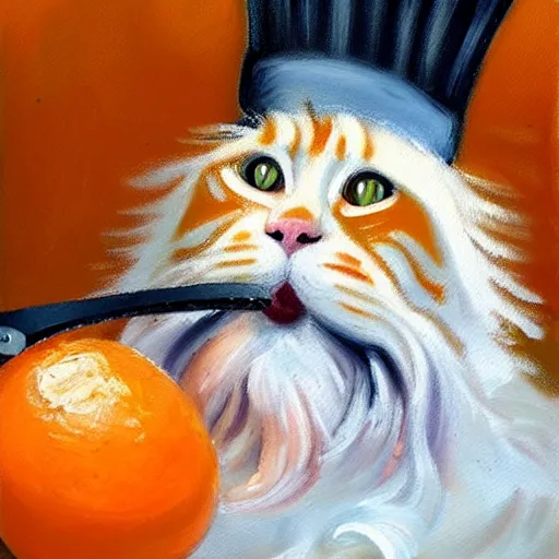 Image similar to beautiful impressionist painting of an orange maine coon with a white beard cooking some sausages on a pan