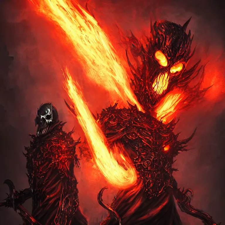 Image similar to Ghost Rider, flaming grim reaper, demons of hell, the pits of hell, headshot photo, character concept, dark souls concept art, Feng Zhu concept art, dramatic lighting, highly stylized, trending on artstation, high-quality wallpaper, desktopography