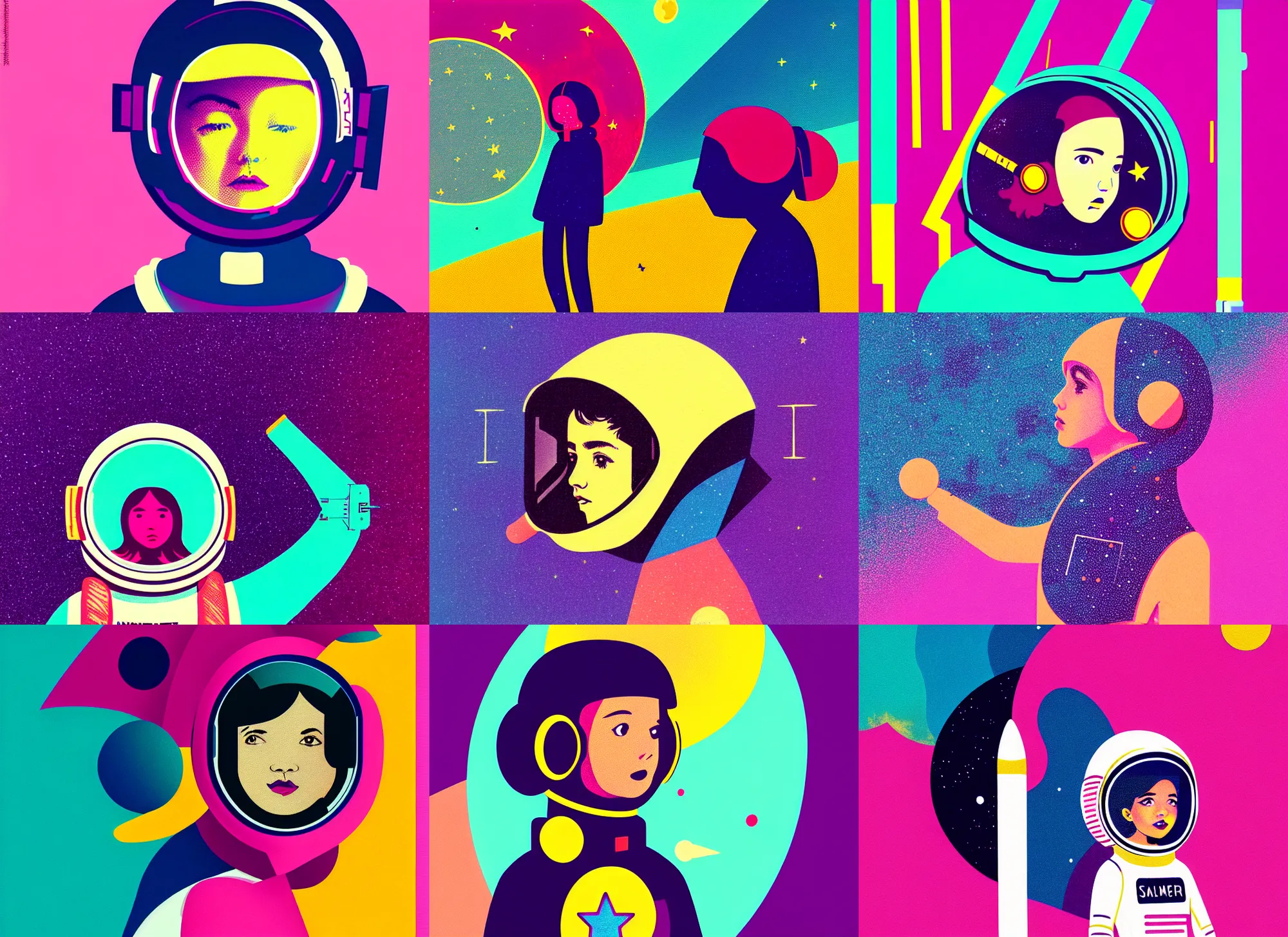 Prompt: ( ( strong dither ) ), editorial illustration of a young astronaut girl, colorful modern, senor salme, strong texture, dynamic composition, detailed, matte print, dynamic perspective, muted color, lomography, muted colors, risograph