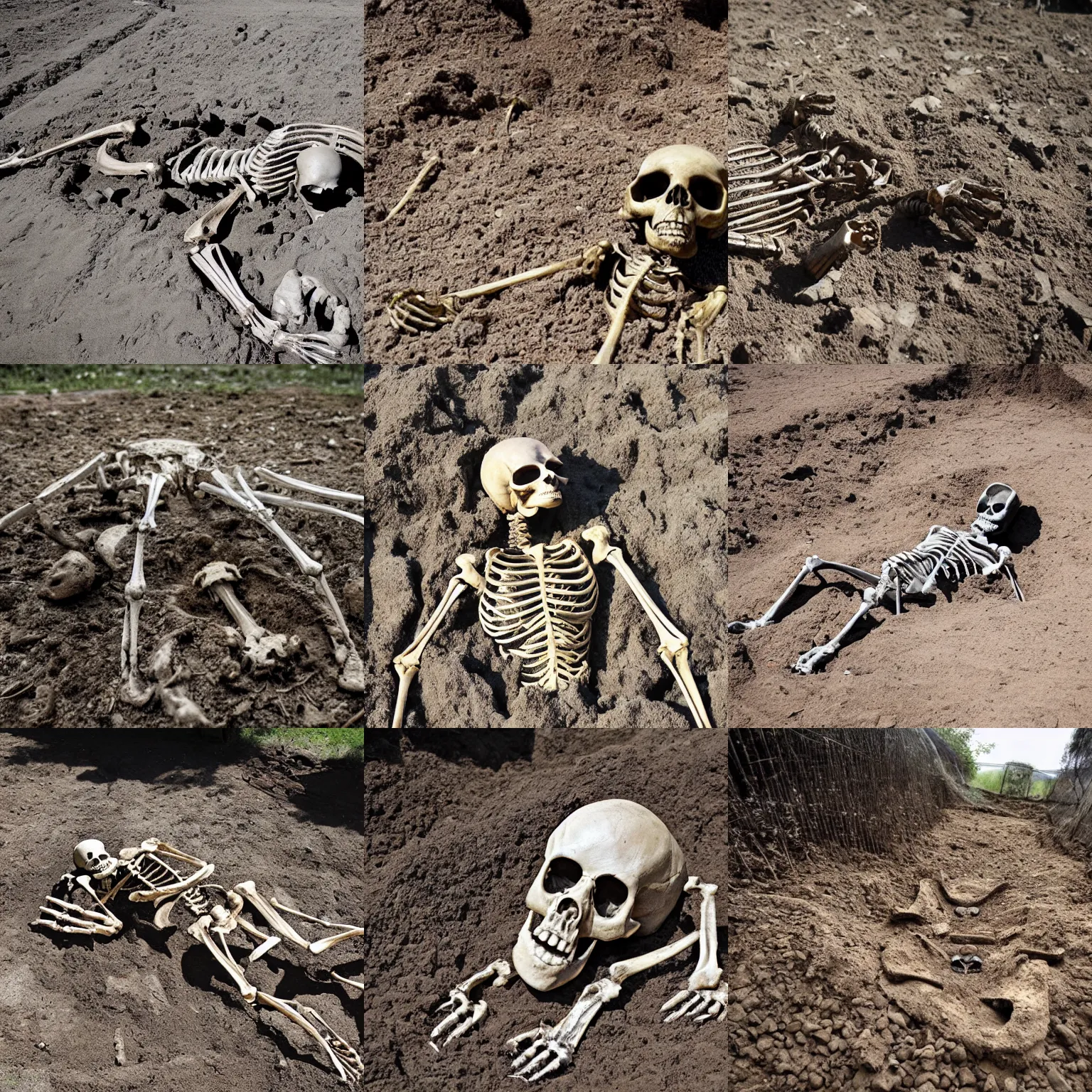 Prompt: remains of an alien skeleton partially buried in the ground