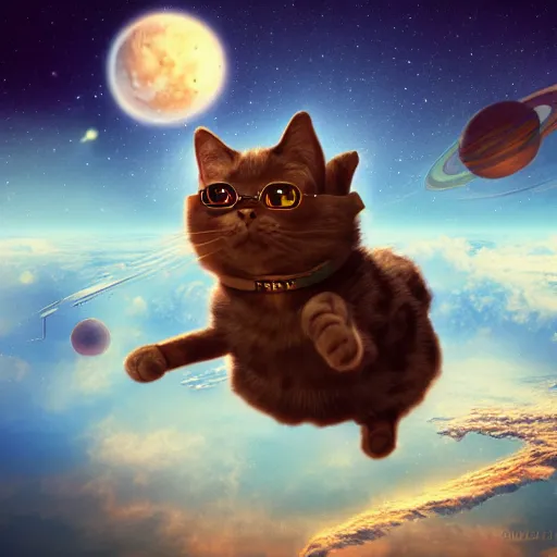 Image similar to A lazy steampunk cat jumping over the galaxy, digital illustration, concept art, 8k, trending on artstation