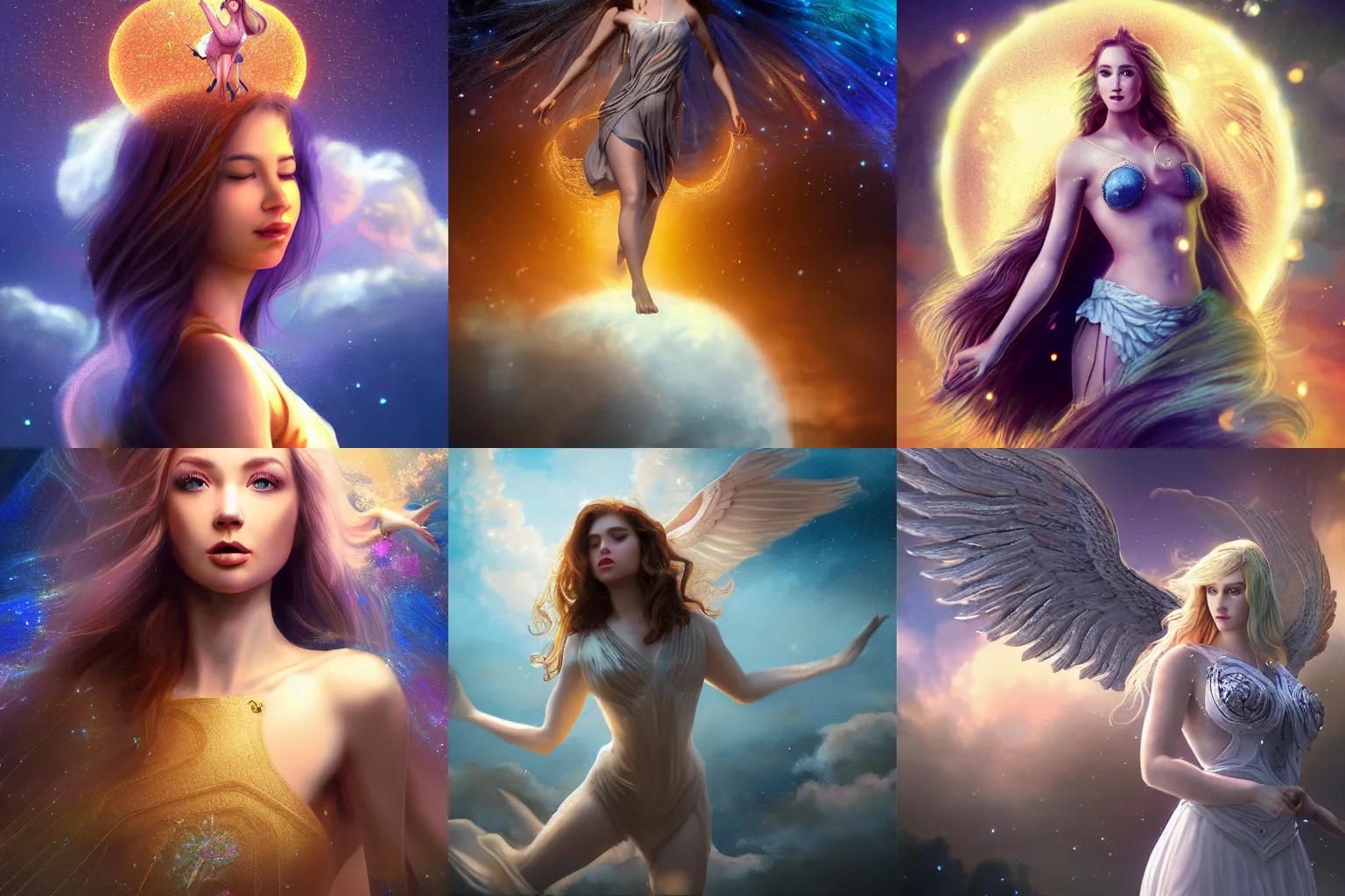 Prompt: a beautiful female human god of animals character, character is in all its glory, character is centered on the image, character is flying, rim lights, magic in the air, fancy clouds, highly detailed professional photo, dynamic lights, particles are flying, depth of field, trending on artstation, illustration, hyper realistic, vray caustics, super detailed, colorful accents, cinematic shot