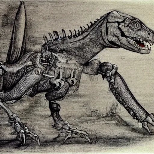 Prompt: leonardo da vinci's technical sketch of a robotic dinosaur, highly detailed