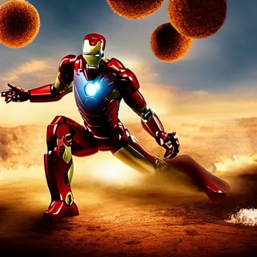 Image similar to an film still of ironman stopping giant rusty ball hit the earth, using both hands, cinematic, heroic scene