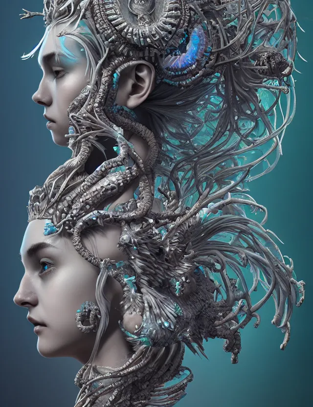 Image similar to symmetrical, centered, zbrush sculpt of goddess close-up portrait wigh crown made of skulls. phoenix betta fish, phoenix, bioluminiscent creature, super intricate ornaments artwork by Tooth Wu and wlop and alena aenami and greg rutkowski