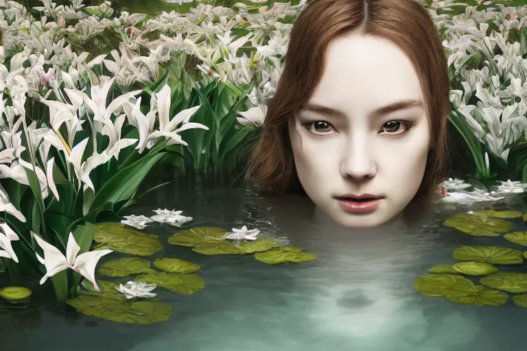 Image similar to cinematic 3 d portrait of a white porcelain woman's head and shoulders floating in a pond, surrounded by a forrest of lillies, deep focus, intricate, elegant, highly detailed, matte, sharp focus, by james jean and kim jung gi