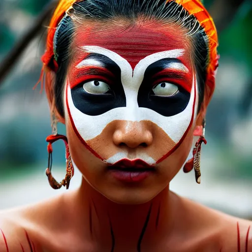 Prompt: portrait of a stunningly beautiful asian tribal female, minimal red facepaint over the eyes in a stripe, depth of field, zeiss lens, detailed, symmetrical, centered, fashion photoshoot, by Annie Leibovitz and Steve McCurry, David Lazar, Jimmy Nelsson, Breathtaking, 8k resolution, extremely detailed, beautiful, establishing shot, artistic, hyperrealistic, beautiful face, octane render