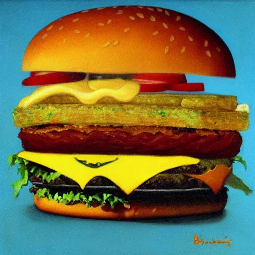 Image similar to painting of a burger with a mouth in the style of beksinski