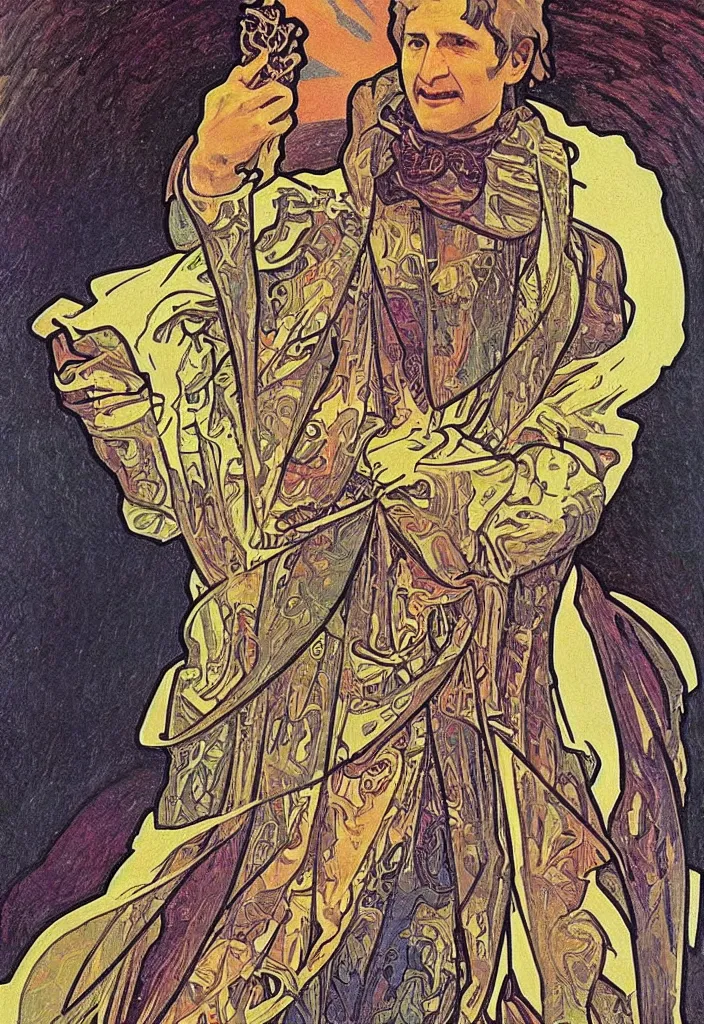 Image similar to Geoffrey Hinton portrayed on a tarot card, tarot in art style by Alphonse Mucha