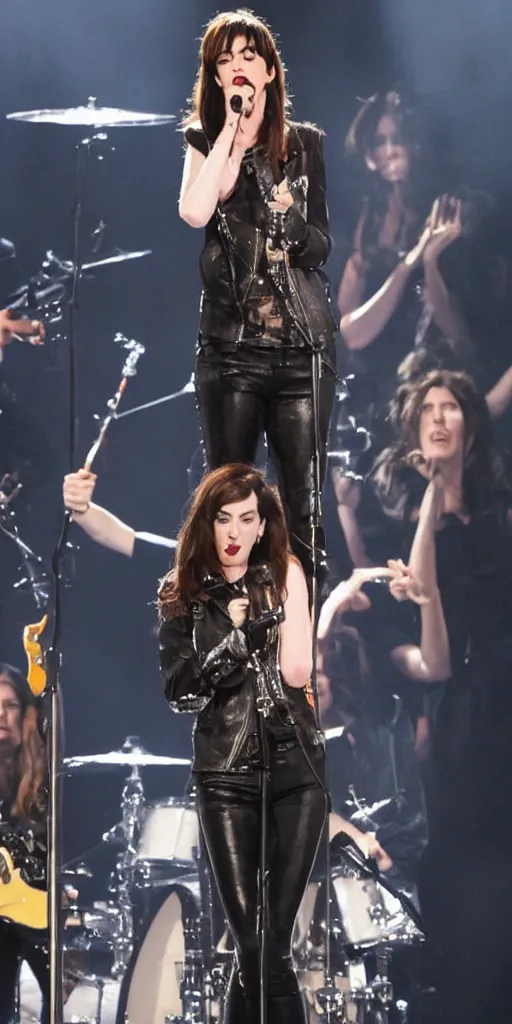 Image similar to Anne Hathaway as a rock singer on the stage