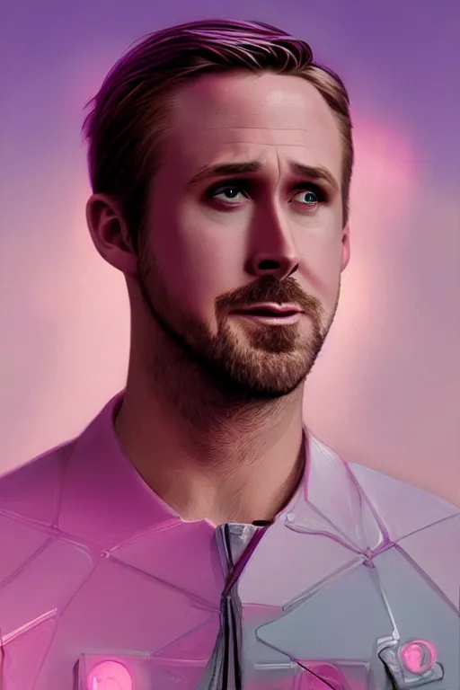 Image similar to ryan gosling robotic clothes in the beach purple sun, pink lighting ultra realistic photorealistic highly detailed high quality, a stunningly, digital painting, artstation, concept art, smooth, sharp focus, illustration, art by artgerm and greg rutkowski and alphonse mucha 8 k