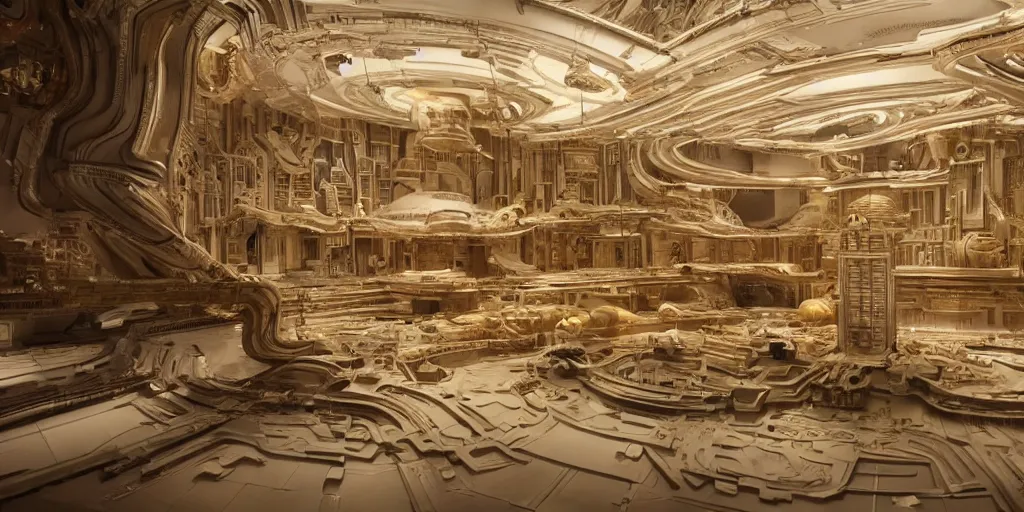 Image similar to Architectural model of a golden era science fiction set painted by James Jean, cinematography by Darren Aronofsky, composition by Fritz Lang