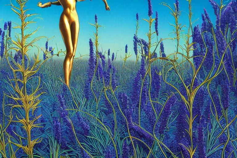 Image similar to evangelionic illustration, a lot of exotic deep blue vegetation, tall thin lavender trees, tremendous pleasure, gold iridescent flowers, oldschool vintage sci - fi flat surreal design, super - detailed, digital oil painting by moebius, hd, 4 k, high quality