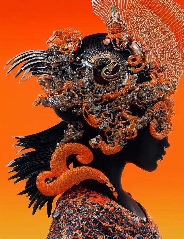 Image similar to 3 d goddess close - up profile portrait biomechanics with ram skull. beautiful intricately detailed japanese crow kitsune mask and clasical japanese kimono. betta fish, jellyfish phoenix, bio luminescent, plasma, ice, water, wind, creature, artwork by tooth wu and wlop and beeple and greg rutkowski. gold black teal and orange color scheme