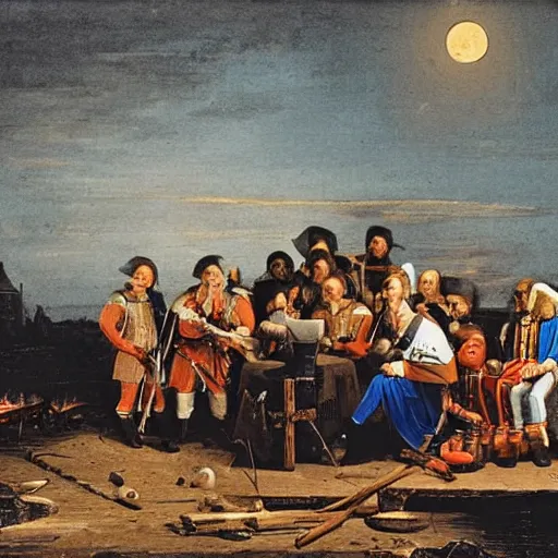 Prompt: A group of knights sitting around a fire while waiting for their captain, incredible detail, trending, night sky, moon, Canaletto