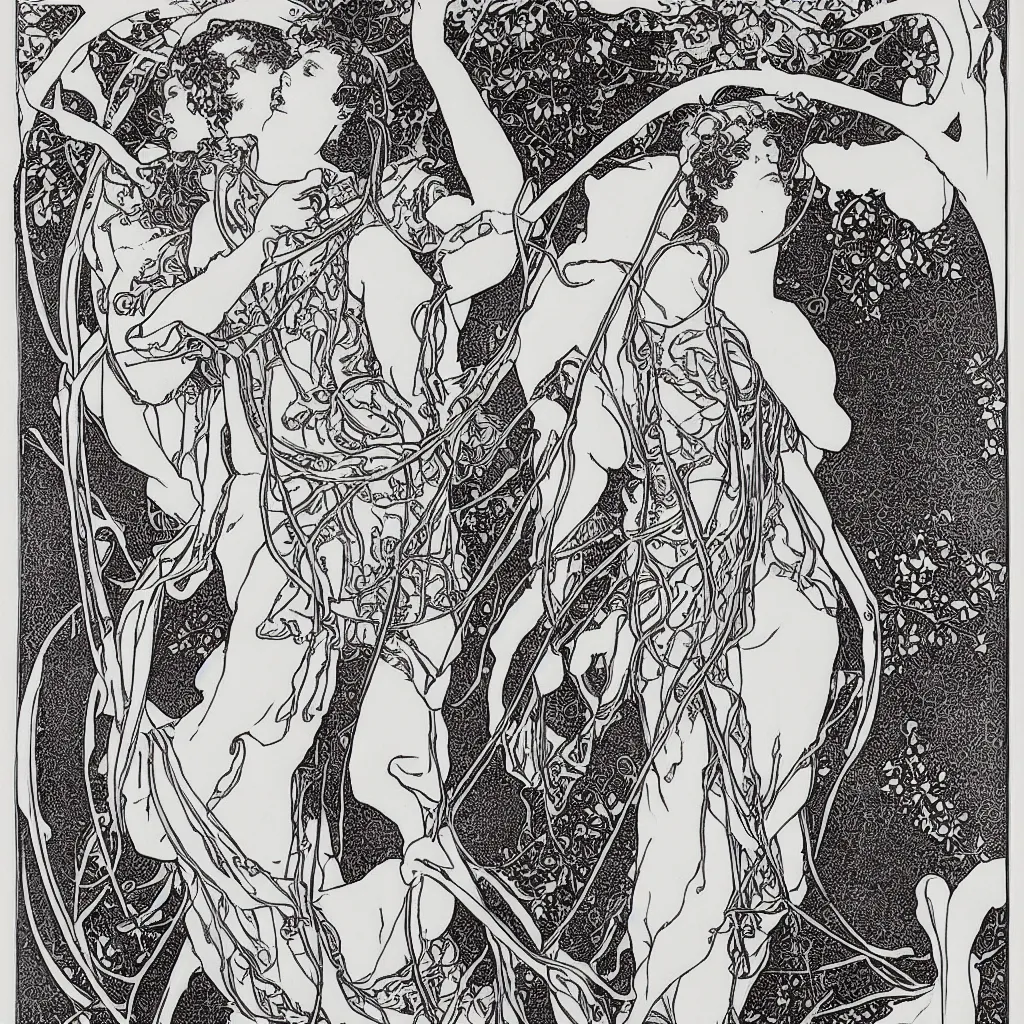 Image similar to a monochromatic art nouveau, engraving by Mucha, engraving by Beardsley