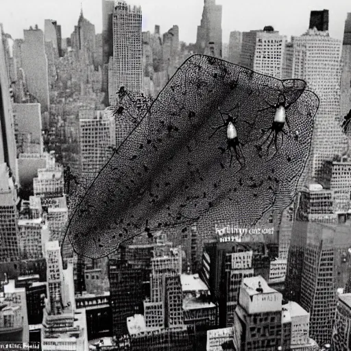Image similar to 1 9 9 2 vhs footage of a gargantuan infestation of wasp like creatures and hives in new york city, aerial shot, blurry, grainy