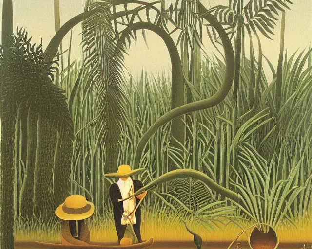 Prompt: snake oil researcher digging through the swamps of Formosa, painting by Henri Rousseau