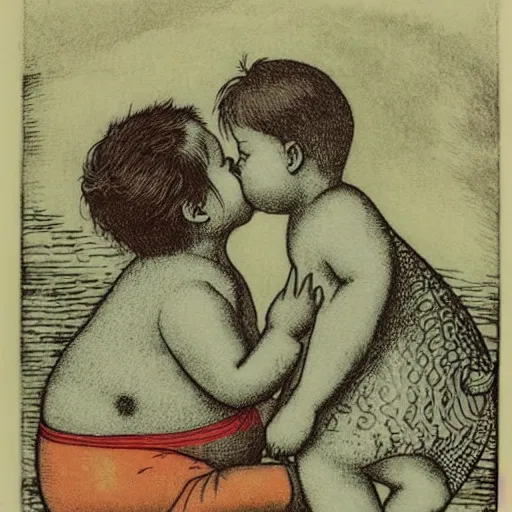 Image similar to the same style. the most beautiful little fat sweet girl is kissing a colorful cute fish. modern etching. colored print. hype realistic scene.