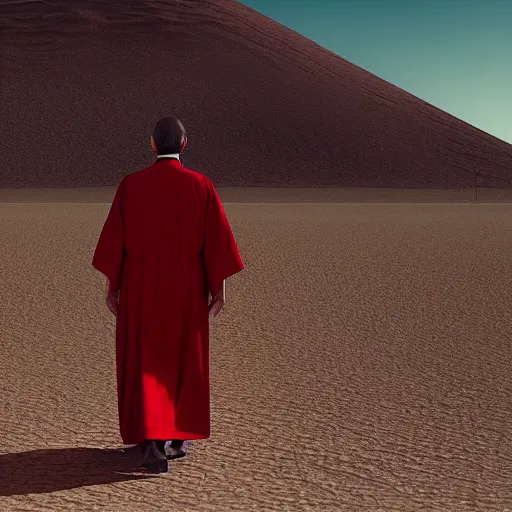 Image similar to a priest wearing red robes walking in a desert, sunny weather, gerhard richter, rendered in octane, realistic, 8 k, vivid, intricate, detailed