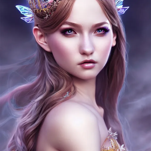 Image similar to beautiful adult fairy queen, highly detailed, 4 k, hdr, smooth, sharp focus, high resolution, award - winning photo, artgerm, photorealistic