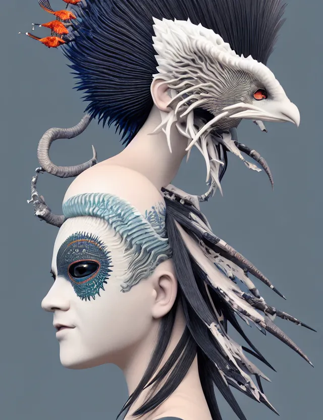 Image similar to 3 d goddess close - up profile simple portrait punk with mohawk with goat skull. beautiful intricately detailed japanese crow kitsune mask and clasical japanese kimono. betta fish, jellyfish phoenix, bio luminescent, plasma, ice, water, wind, creature, artwork by tooth wu and wlop and beeple and greg rutkowski