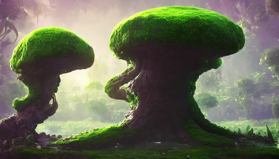 Prompt: A fancy huge slime tree on a magical biome full of oddities, goofy, sparky, full sun, positive vibes, behance, artstation, unreal render, unreal engine 5, octane, smooth, 8k