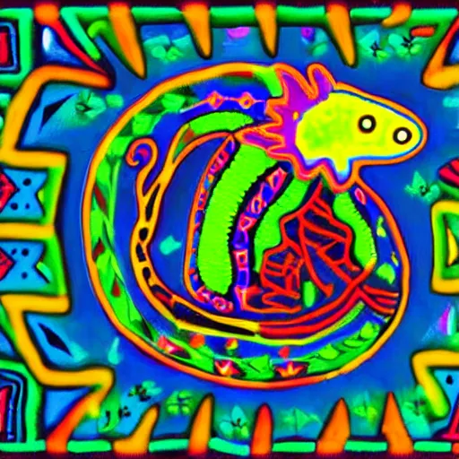 Image similar to Huichol art design of an axolotl, neon colors