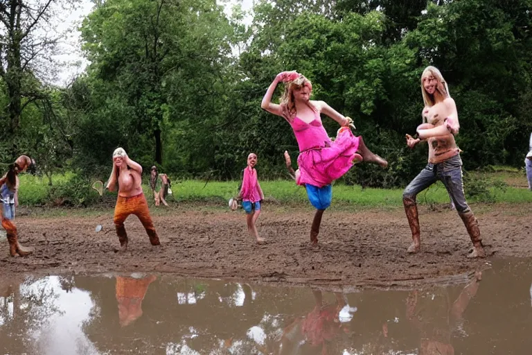 Image similar to hippies playing in a mud puddle